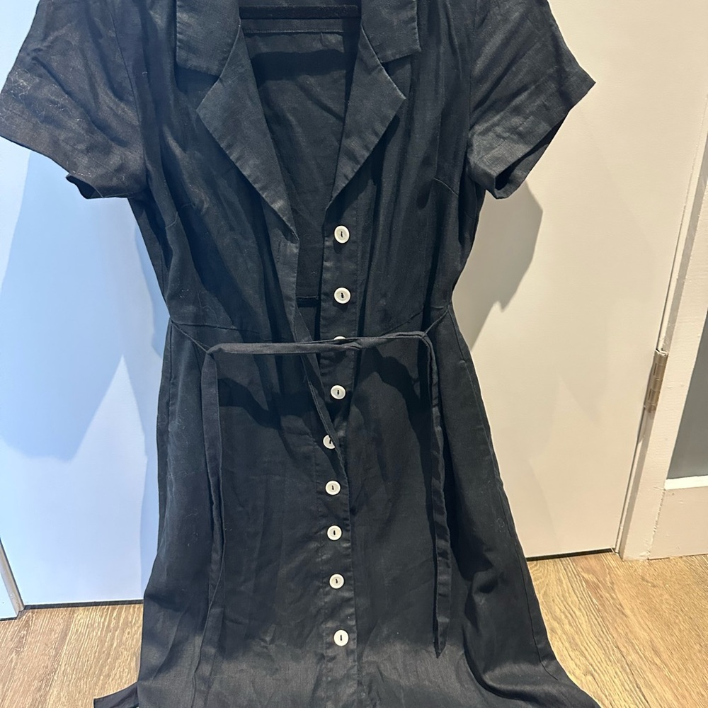 Quince Black and White Buttoned Sheath Midi Linen Dress